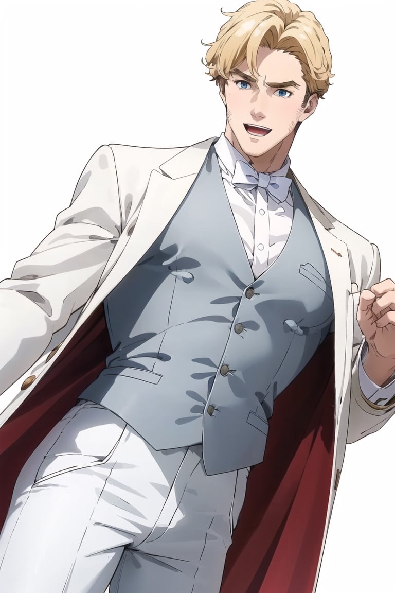 solo male, Lewis Smith \(Brave Bang Bravern\), blond hair, short hair, blue eyes, (white tuxedo, white tailscoat, white tuxedo sleeves), (grey vest, white pants, white bowtie:1.3), red rose, mature, handsome, charming, alluring, muscular, beefy, blush, smile, open mouth, standing, upper body, perfect anatomy, perfect proportions, best quality, masterpiece, high_resolution, dutch angle, cowboy shot, simple background, wedding