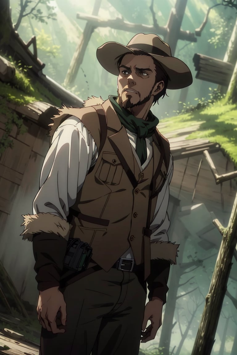 solo male, Artur Braus, Attack on Titan Anime style, hunter, shaggy brown hair, hair slicked back, brown eyes, sideburns, thin beard, thin goatee, white shirt,((brown fur trim vest, close vest)), long sleeves, ((loose red cravat)), black pants, hat, middle-age, mature, handsome, charming, alluring, standing, upper body, perfect anatomy, perfect proportions, best quality, masterpiece, high_resolution, dutch angle, cowboy shot, photo background, forest
