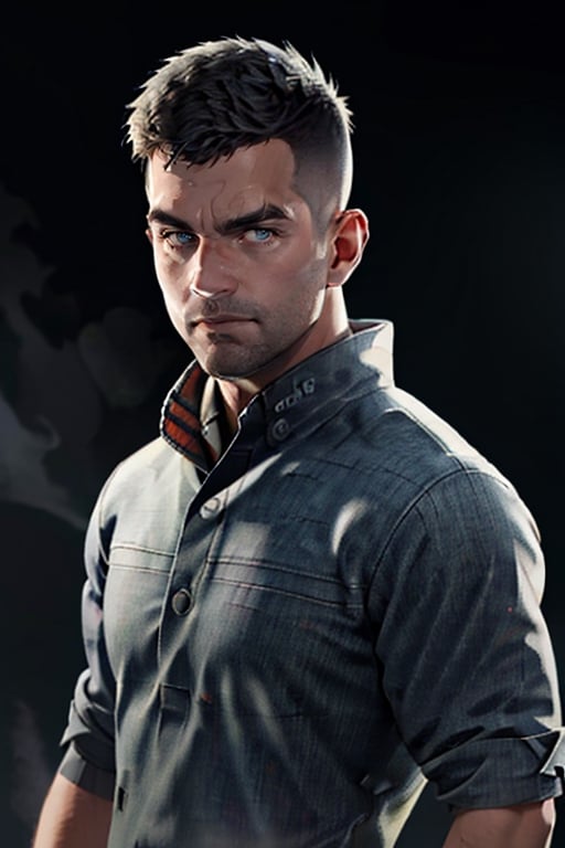David King, black hair, stubble, handsome, charming, alluring, rugged, white collared shirt, black jacket, (short hair, crewcut, flat hair:1.3, low hair:1.3), (standing), (upper body in frame), simple background, black background, fog, dark atmosphere, perfect light, perfect anatomy, perfect proportions, perfect perspective, 8k, HQ, (best quality:1.5, hyperrealistic:1.5, photorealistic:1.4, madly detailed CG unity 8k wallpaper:1.5, masterpiece:1.3, madly detailed photo:1.2), (hyper-realistic lifelike texture:1.4, realistic eyes:1.2), picture-perfect face, perfect eye pupil, detailed eyes, realistic, HD, UHD, (front view:1.2), portrait, looking outside frame,perfecteyes