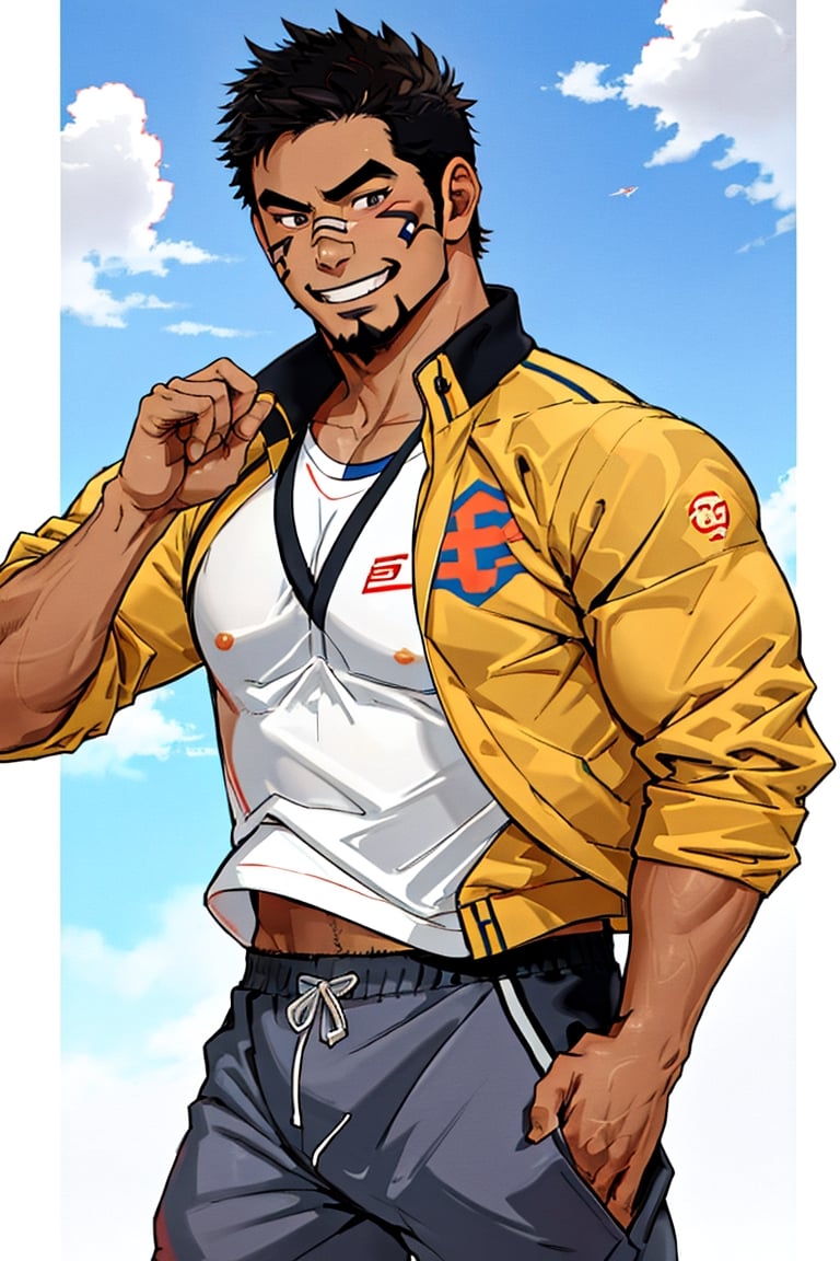 (1 image only), solo male, bara, Kyoichi Ootomo, Live A Hero, Asain, Japanese, athlete, PE teacher, short hair, black hair, streaked hair, sideburns, black eyes, facial hair, goatee, tan skin, bandaid on nose, white shirt, (greet athletic jacket), grey shorts, sneakers, mature, handsome, charming, alluring, grin, standing, upper body, perfect anatomy, perfect proportions, 2D, anime, (best quality, masterpiece), (perfect eyes, perfect eye pupil), perfect hands, high_resolution, dutch angle