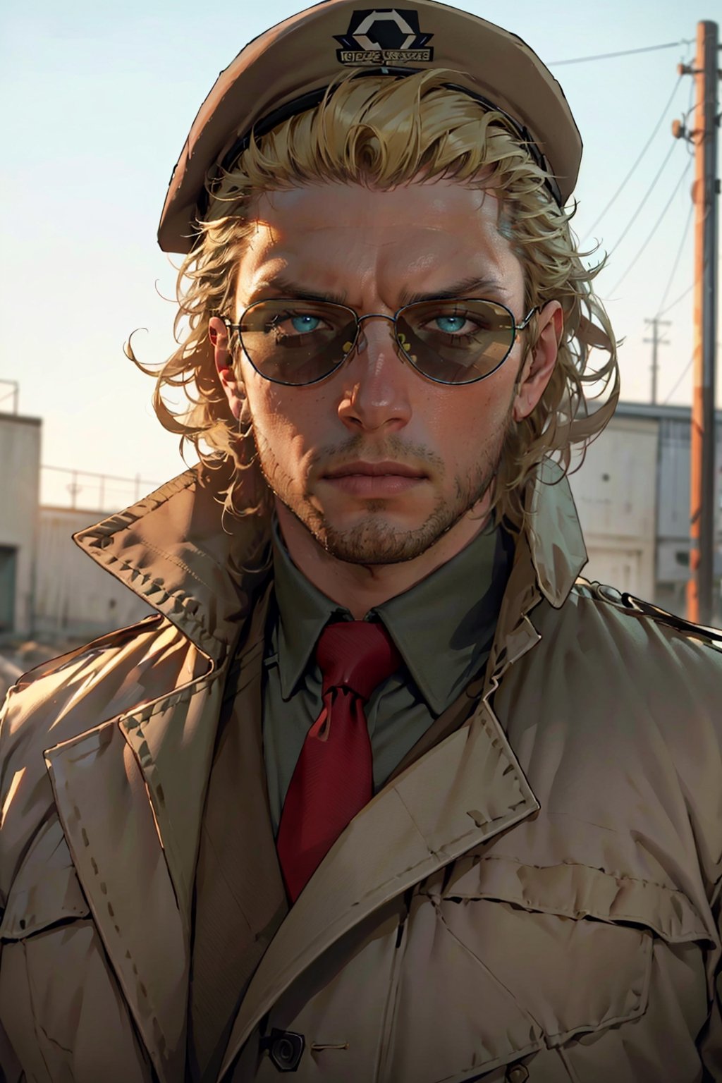 Kazuhira Miller, blue eyes, blond hair, stubble, wore aviator sunglasses, white collared shirt, green suit with a red tie,  khaki trench coat, black beret, fit body, handsome, charming, alluring, intense gaze, (standing), (upper body in frame), perfect light, only1 image, perfect anatomy, perfect proportions, perfect perspective, 8k, HQ, (best quality:1.2, hyperrealistic:1.2, photorealistic:1.2, madly detailed CG unity 8k wallpaper:1.2, masterpiece:1.2, madly detailed photo:1.2), (hyper-realistic lifelike texture:1.2, realistic eyes:1.2), picture-perfect face, perfect eye pupil, detailed eyes, realistic, HD, UHD, front view, portrait