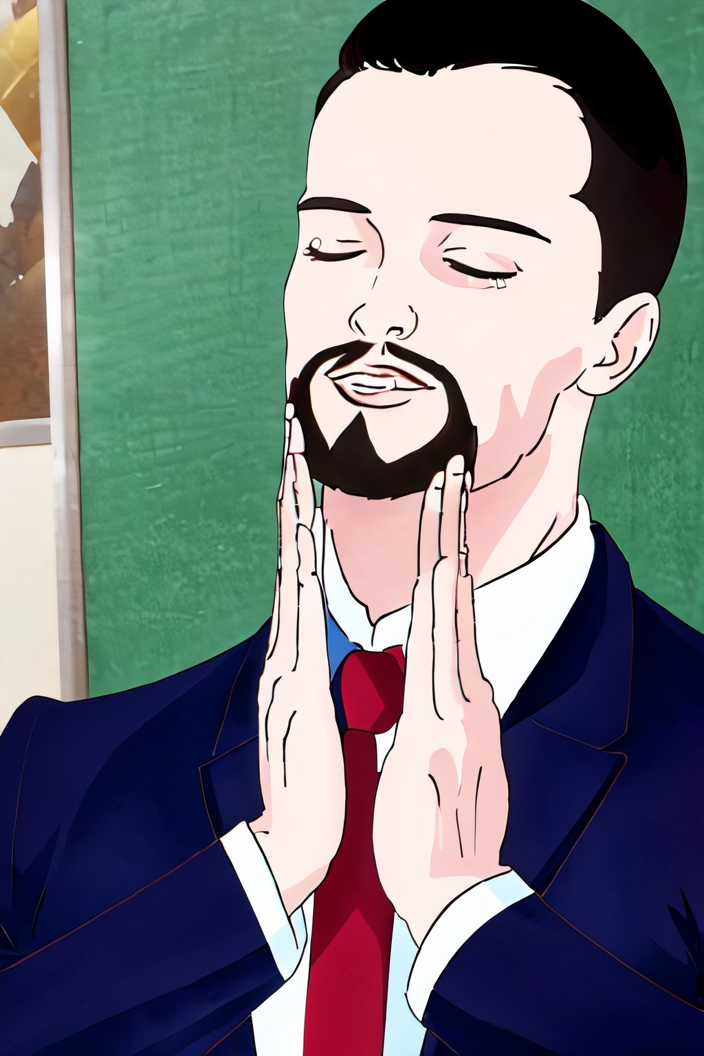 Highly detailed, High Quality, Masterpiece, beautiful, FeelsGood, closed eyes, 1boy, solo,  Maeda, black hair, short hair, black eyes, facial hair, white collared shirt, red necktie, dark blue vest, dark blue jacket
