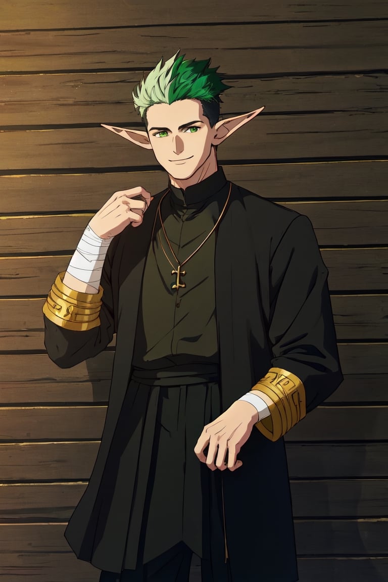 solo male, Kraft\(Frieren: Beyond Journey's End\), elf, masculine, manly, smile, (olive green hair, multicolored hair), short hair, undercut, green eyes, pointed ears, BREAK (above-knee-length-cassock, black coat with yellow-cuff-trim:1.3), (cassock above knee:1.5), button up cassock, (wide black pants), (cream-colored-clergy-stole:1.2), (white puttee, bandage), shoes, necklace, mature, handsome, charming, alluring, standing, upper body, perfect anatomy, perfect proportions, best quality, masterpiece, high_resolution, dutch angle, cowboy shot, photo background