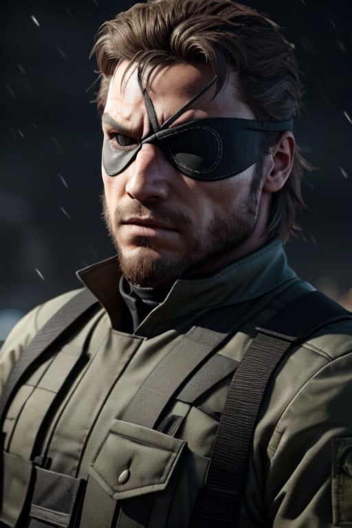 (1 image only), solo male, 1boy, Big Boss, Metal Gear Solid, bslue eyes, brown hair, facial hair, (eyepatch, grey headband:1.2), handsome, mature, charming, alluring, upper body in frame, perfect anatomy, perfect proportions, 8k, HQ, (best quality:1.2, hyperrealistic:1.2, photorealistic:1.2, masterpiece:1.3, madly detailed photo:1.2), (hyper-realistic lifelike texture:1.2, realistic eyes:1.2), high_resolution, perfect eye pupil, dutch angle, dynamic, action, raining, night