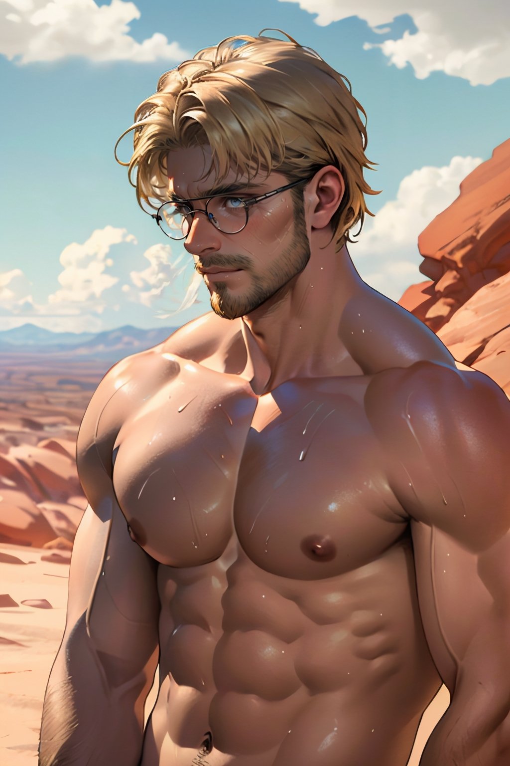 Zeke Yeager, blonde hair, grey-blue eyes, glasses, beard, fit body, (topless), nude, (perfect male body, muscular), hairy body, abs, hourglass body shape, mature, DILF, masculine, virile, charming, alluring, calm eyes, (standing), (upper body in frame), in very high sky, (red rock desert in background distant, vast steamy smoke on the ground in far horizon), perfect light, only1 image, perfect anatomy, perfect proportions, perfect perspective, 8k, HQ, (best quality:1.5, hyperrealistic:1.5, photorealistic:1.4, madly detailed CG unity 8k wallpaper:1.5, masterpiece:1.3, madly detailed photo:1.2), (hyper-realistic lifelike texture:1.4, realistic eyes:1.2), picture-perfect face, perfect eye pupil, detailed eyes, realistic, HD, UHD, (front view, symmetrical picture, vertical symmetry:1.2), look at viewer, Vline, scruffy, (sweaty, shiny skin), Portrait