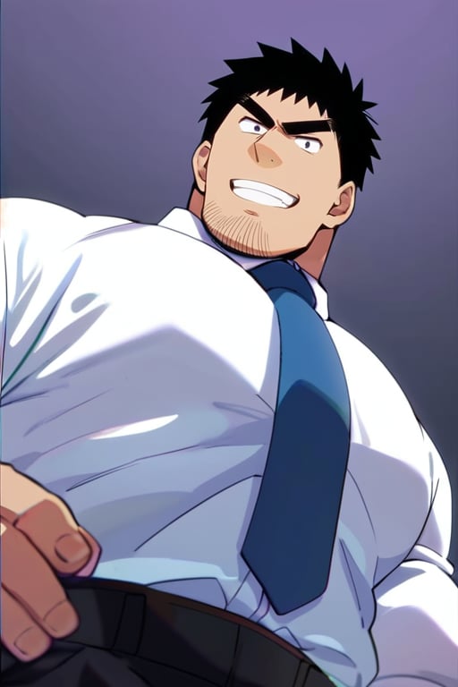 score_9, score_8_up, score_7_up, score_6_up, perfect anatomy, perfect proportions, best quality, masterpiece, high_resolution, high quality, solo male, Harumi Takeda , takeda harumi \(shiromanta\), black hair, short hair, facial hair, stubble, black eyes, thick eyebrows, sanpaku, constricted pupils, (white collared shirt), blue necktie, black pants, adult, mature, masculine, manly, handsome, charming, alluring, standing, look at viewer, grin, friendly, large pecs, (from below), (upper body), dutch angle, simple background
