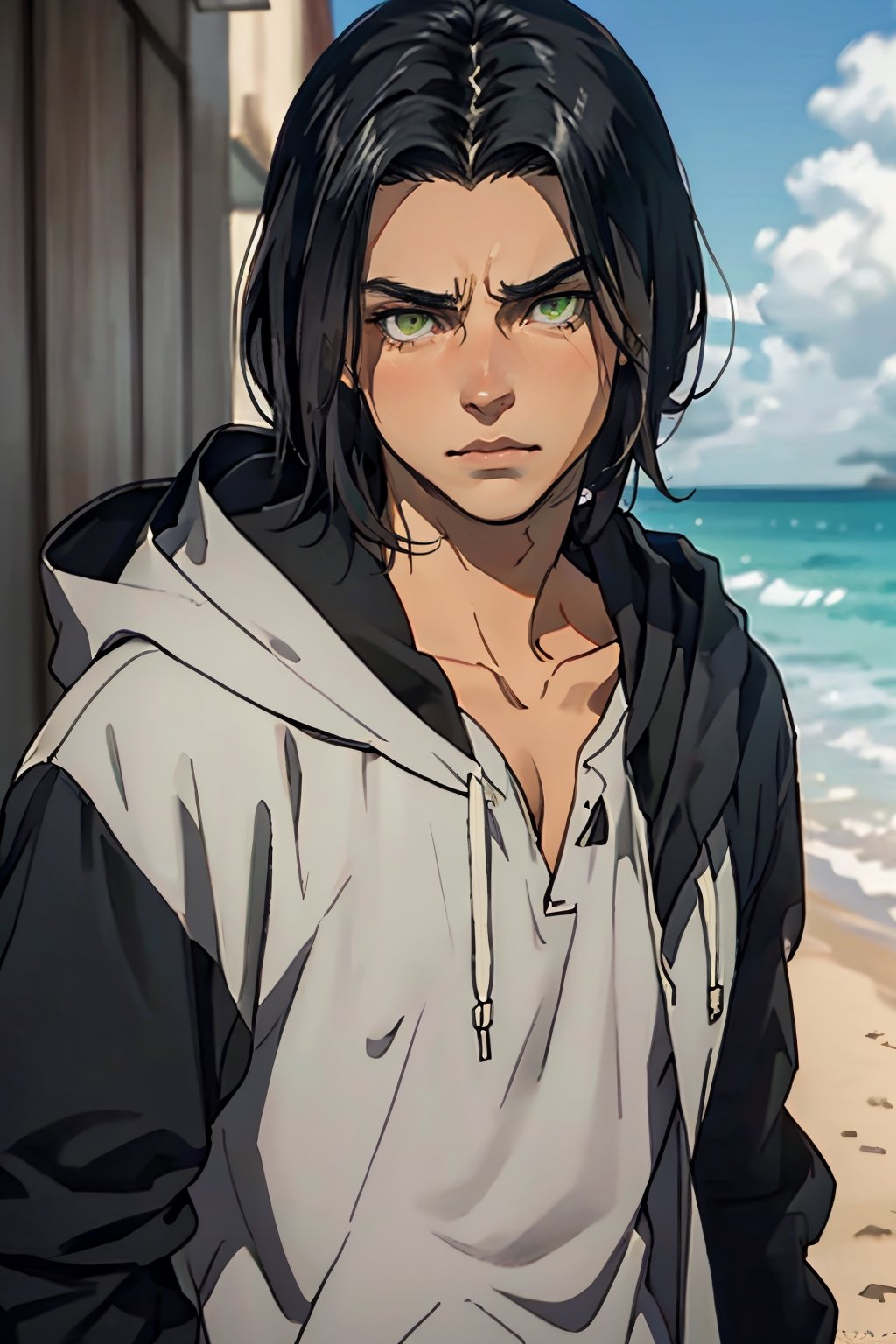 erenad(black hair, medium hair, straight hair,:1.2), (grey-green eyes:1.4), fit body, (wearing pure white shirt, black jacket, long sleeves, open clothes, hood, hood down:1.3), collarbone, charming, alluring, dejected, depressed, sad, (standing), (upper body in frame), simple background(beach, sunny day, endless ocean, mid day), backlight, cloudy blue sky, perfect light, only 1 image, perfect anatomy, perfect proportions, perfect perspective, 8k, HQ, (best quality:1.5, hyperrealistic:1.5, photorealistic:1.4, madly detailed CG unity 8k wallpaper:1.5, masterpiece:1.3, madly detailed photo:1.2), (hyper-realistic lifelike texture:1.4, realistic eyes:1.2), picture-perfect face, detailed eyes, realistic, HD, UHD, front view, tear in eyes,