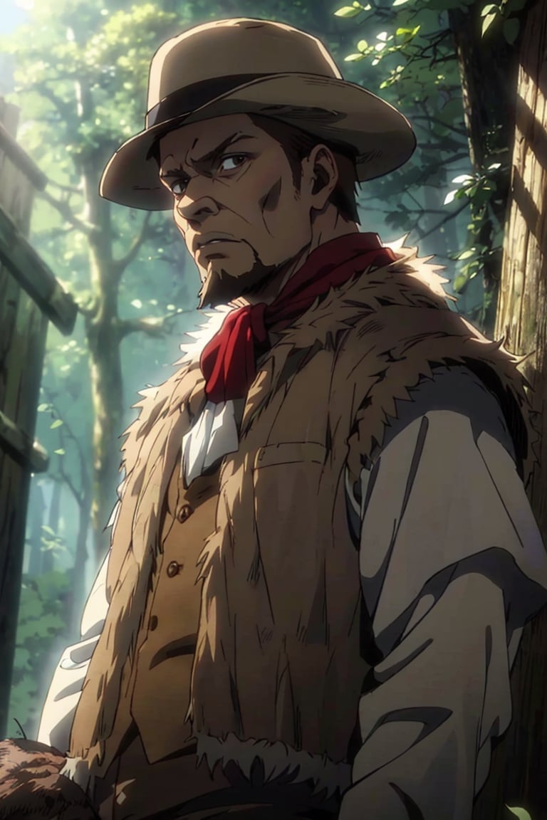 solo male, Artur Braus, Attack on Titan Anime style, hunter, shaggy brown hair, brown eyes, sideburns, beard, thin goatee, white shirt, (single vest), (brown fur trim vest, close vest:1.7), long sleeves, (loose red cravat:1.7), black pants, brown hat, mature, handsome, charming, alluring, standing, upper body, perfect anatomy, perfect proportions, best quality, masterpiece, high_resolution, dutch angle, cowboy shot, photo background, forest
