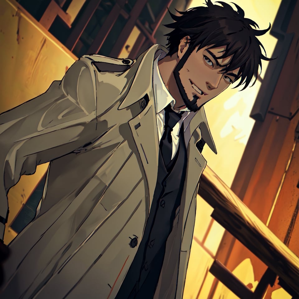 solo male, Genma Shizume, Asian, Japanese, black hair, chinstrap beard, sideburns, black eyes, calm eyes, slitty eyes, (white collared shirt, black necktie, black jacket:1.3), (brown trench coat, open trench coat:1.3), black pants, black gloves, mature, masculine, handsome, charming, allurin, smile, standing, upper body, hand on waist, perfect anatomy, perfect proportions, (best quality, masterpiece, high_resolution:1.3), perfect eyes, dutch angle, cowboy shot