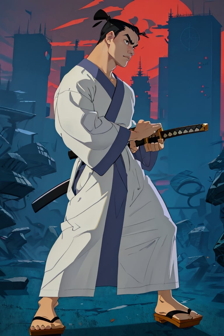 (1 image only), solo male, Samurai Jack, Cartoon Network style, Asian, Japanese, intense gaze, black hair, short topknot, single topknot, black eyes, geta, white long kimono, white sashes, wide sleeves, mature, handsome, charming, alluring, uperfect anatomy, perfect proportions, (best quality, masterpiece), (perfect hands), high_resolution, dutch angle, cowboy shot, fine art, (2d, flat), (single placket),  fighting_stance, holding sword, (perfect sword), battoujutsu, red and black cityscape,Flat Illustration