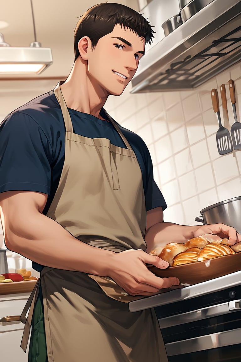 score_9,score_8_up,score_7_up, solo male, Ryuji Satake, black hair, black eyes, black t-shirt, short sleeves, green pants, brown apron, long apron, smile, adult, mature, masculine, tone body, handsome, charming, alluring, standing, upper body, perfect anatomy, perfect proportions, best quality, masterpiece, high_resolution, dutch angle, cowboy shot, indoor, kitchen, pastry, dessert, perfect hands, perfect fingers
