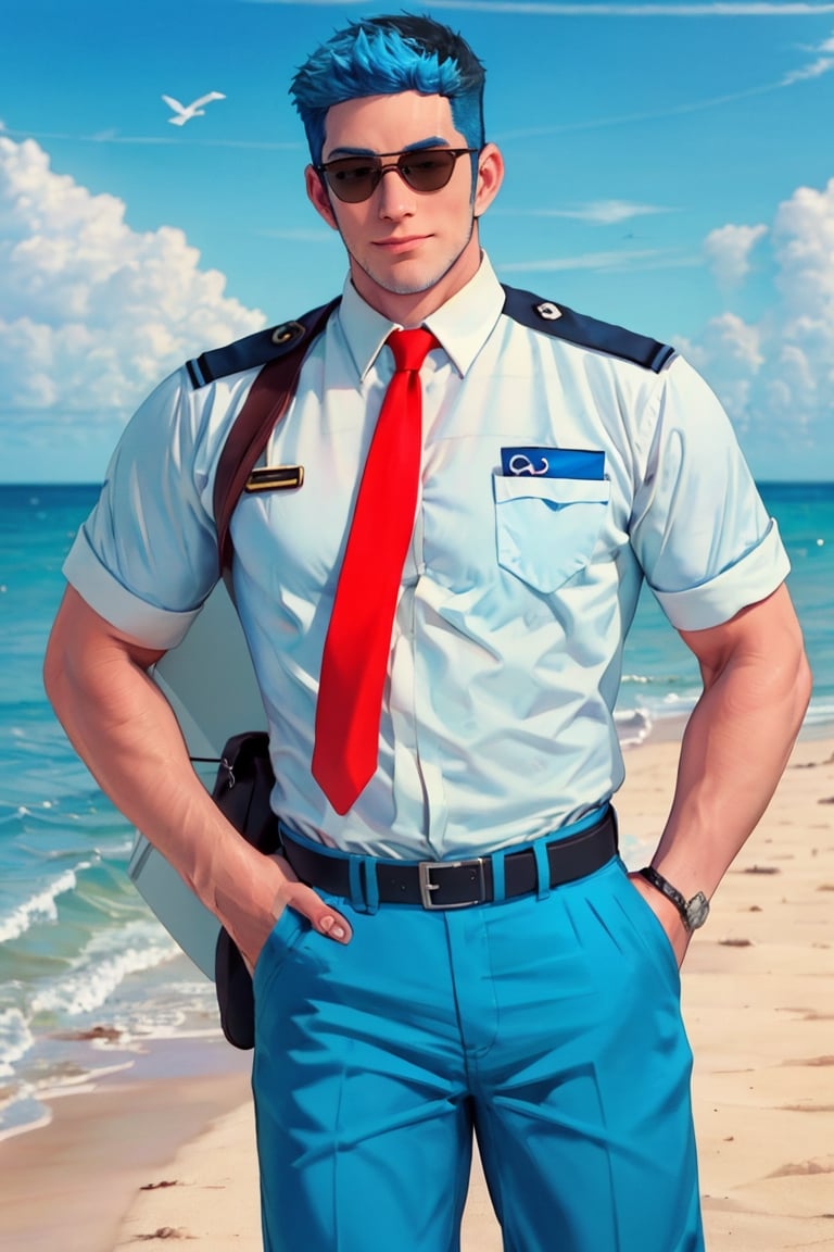 (1 image only), solo male, Wilbur, Animal Crossing, personification, blue hair, short hair, black eyes, blue facial hair, jawline stubble, aviation pilot uniform, white collor shirt, red necktie, epaulette, aviator sunglasses, blue pants, socks, black footwear,bandaid on nose, mature, dilf, bara, handsome, charming, alluring, smile, standing, upper body, hand in pocket, pectoral cleavage, perfect anatomy, perfect proportions, (best quality, masterpiece), (perfect eyes, perfect eye pupil), perfect hands, high_resolution, dutch angle, cowboy shot, seaside, summer