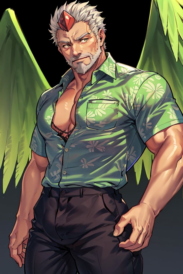 (1 image only), solo male, bara, Hogen, Tokyo Afterschool Summoners, Asain, Japanese, Tengu, old man, white hair, short hair, gold eyes, thick eyebrows, white facial hair, white beard, (black Tokin headwear, tengu-geta), (green hawaiian shirt, partially unbuttoned shirt), (untucked shirt:1.8), black pants, mature, handsome, charming, alluring, standing, upper body in frame, perfect anatomy, perfect proportions, 2D, anime, (best quality, masterpiece), (perfect eyes, perfect eye pupil), high_resolution, dutch angle, Tokyo city street, better_hands, green wings