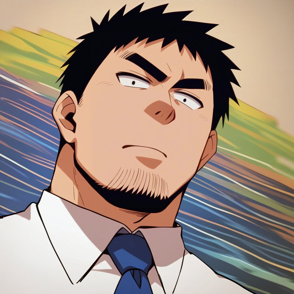 score_9, score_8_up, score_7_up, score_6_up, perfect anatomy, perfect proportions, best quality, masterpiece, high_resolution, high quality, solo male, Harumi Takeda , takeda harumi \(shiromanta\), black hair, short hair, facial hair, stubble, black eyes, thick eyebrows, sanpaku, constricted pupils, (white collared shirt), blue necktie, black pants, adult, mature, masculine, manly, handsome, charming, alluring, standing, look at viewer, (from below), (upper body), dutch angle, simple background
