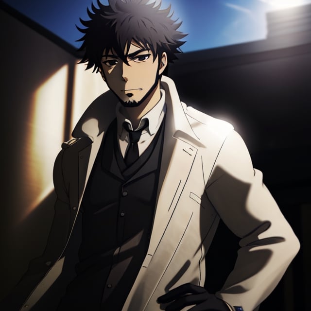 solo male, Genma Shizume, Asian, Japanese, black hair, chinstrap beard, sideburns, black eyes, calm eyes, slitty eyes, intense gaze, (dress in layers:1.3), white collared shirt, black necktie, (black suit jacket:1.2), (light brown trench coat, open trench coat:1.2), black pants, black gloves, mature, masculine, handsome, charming, allurin, grin, smile, upper body, perfect anatomy, perfect proportions, (best quality, masterpiece, high_resolution:1.3), (perfect eyes, perfecteyes:1.3)