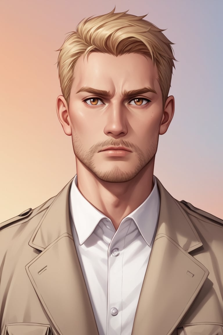 score_9, score_8_up, score_7_up, solo male, Reiner Braun, blond hair, short hair, flat hair (facial hair, stubble:1.1), hazel eyes, thin eyebrows, tall, white collared shirt, light-brown trench coat, (open coat:1.2), military green pants, black combat boots, handsome, , charming, alluring, dejected, depressed, (upper body), perfect anatomy, perfect proportions, best quality, masterpiece, high_resolution, cowboy shot, (perfect face, perfect eyes:1.3), 1910s harbor background, sunset on the sea, nightfall, orange sky