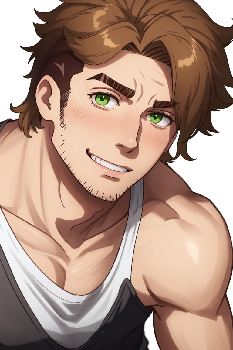 (1 image only), solo male, Gagumber, Sakugan, physical laborer worker, brown hair, two-tone hair, stubble, green eyes, thick eyebrows, ((white tank top)) , bare shoulder, bare neck, green work pants, black boots, black gloves, mature, handsome, charming, alluring, smile, blush, ((portrait, close-up)), perfect anatomy, perfect proportions, high_resolution, detailed background, steampunk city