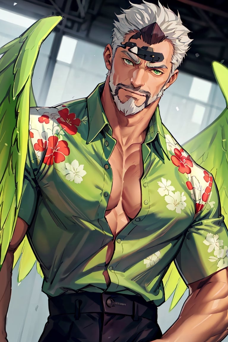 (1 image only), solo male, bara, Hogen, Tokyo Afterschool Summoners, Asain, Japanese, Tengu, old man, white hair, short hair, gold eyes, thick eyebrows, white facial hair, white beard, (((bare forehead, clean forehead))), tengu-geta, (untucked  shirt:1.5), (green hawaiian shirt, partially unbuttoned shirt), black pants, mature, handsome, charming, alluring, standing, upper body in frame, perfect anatomy, perfect proportions, 2D, anime, (best quality, masterpiece), (perfect eyes, perfect eye pupil), high_resolution, dutch angle, Tokyo city street, better_hands, green wings