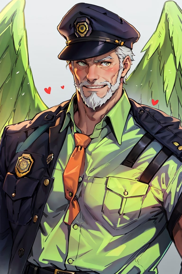 (1 image only), solo male, bara, Hogen, Tokyo Afterschool Summoners, Asain, Japanese, Tengu, old man, white hair, short hair, gold eyes, thick eyebrows, white facial hair, white beard, Japanese police uniform, Japanese police hat, pure aqua-color collared shirt, pure aqua-color sleeves, (black jacket on shoulders), grin, blush, horny, mature, handsome, charming, alluring, standing, upper body in frame, perfect anatomy, perfect proportions, 2D, anime, (best quality, masterpiece), (perfect eyes, perfect eye pupil), high_resolution, dutch angle, (Tokyo city street), better_hands, perfect fingers, green wings,best quality