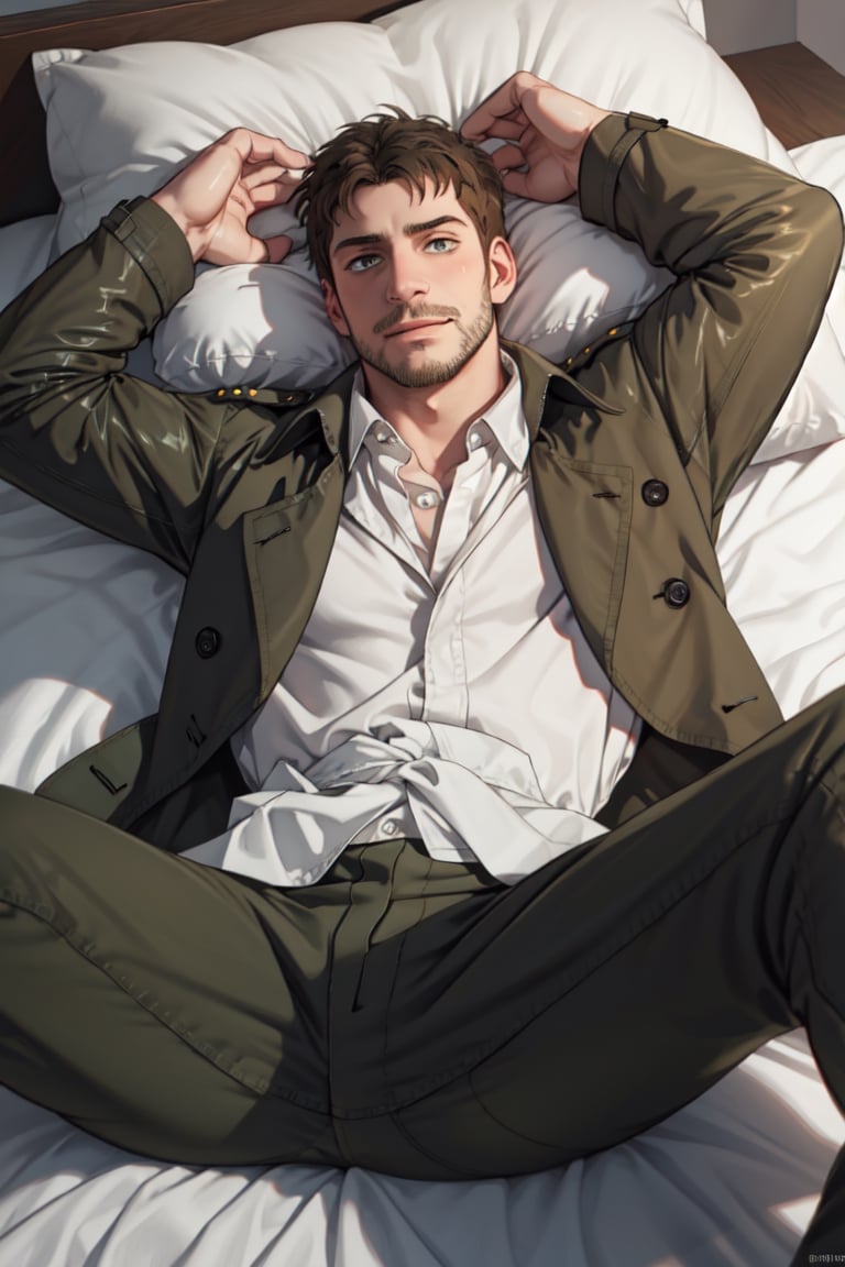 reiner_braun  1boy, solo, (extremely detailed CG unity 8k wallpaper), (masterpiece), (best quality), (ultra-detailed), (best illustration), (best shadow), upper body, (lying on bed, on back, spread legs), masculine, stubble, handsome, charming, alluring, smirk, awkward, shy, blush, perfect eyes, (white collared shirt, military green pants, open fly), ((widely open brown trench coat, long sleeves)), black socks, perfect anatomy, perfect proportions, perfecteyes