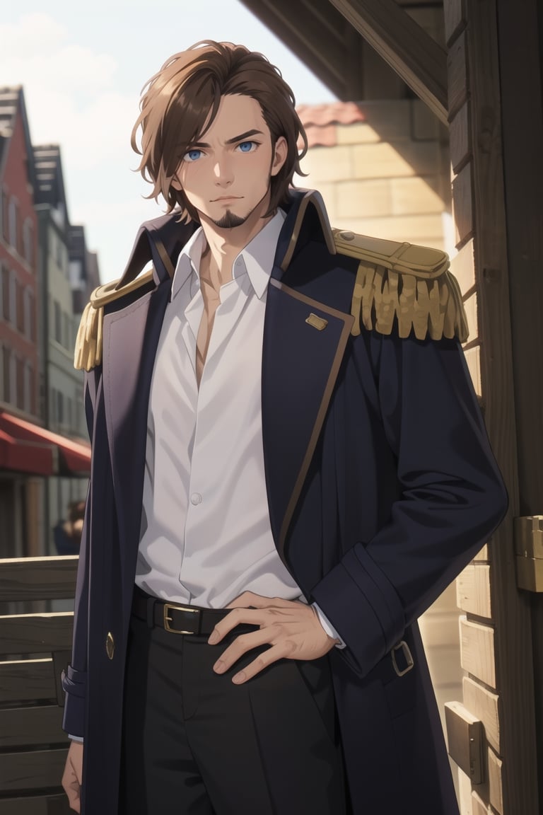 solo male, Graf Granat \(Frieren: Beyond Journey's End\), brown hair, hair parted to one side, facial hair, stubble, blue eyes, sanpaku, white collared shirt, exposed shirt, black pants, matching boots. dark blue coat, open coat, (coat over shoulders), gold epaulettes, mature, handsome, charming, alluring, standing, upper body, perfect anatomy, perfect proportions, best quality, masterpiece, high_resolution, dutch angle, cowboy shot, photo background, palace
,Masterpiece