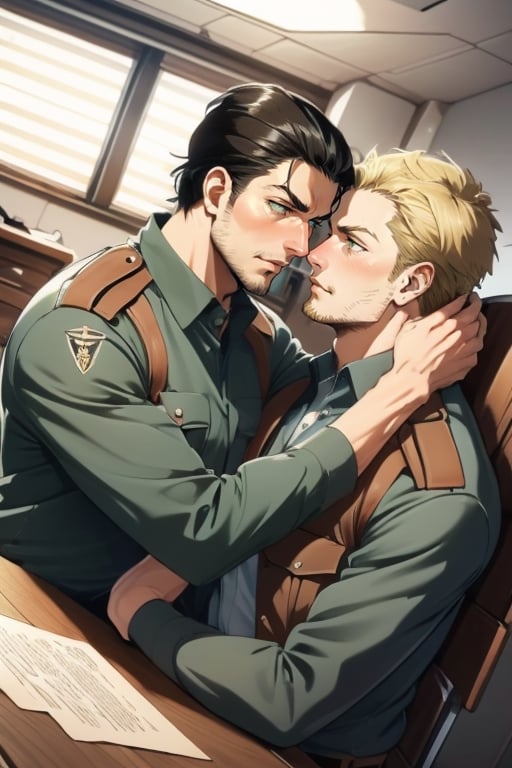 couple, ((2people)), first man giver(Eren Jaeger, black hair, stubble, grey-green eyes), second mature man receiver(reiner braun, blond hair, stubble, hazel eyes, chiseled jaw), ((uniform)), short hair, stubble, dilf, different hair style, different hair color, different face, makeout, eye contact, gay, homo, skight shy, charming, alluring, seductive, highly detailed face, detailed eyes, perfect light, 1910s military office room, retro, (best quality), (8k), (masterpiece), best quality, 1 image, ww1ger,  rugged, manly, hunk, perfect anatomy, perfect proportions, perfect perspective, hug