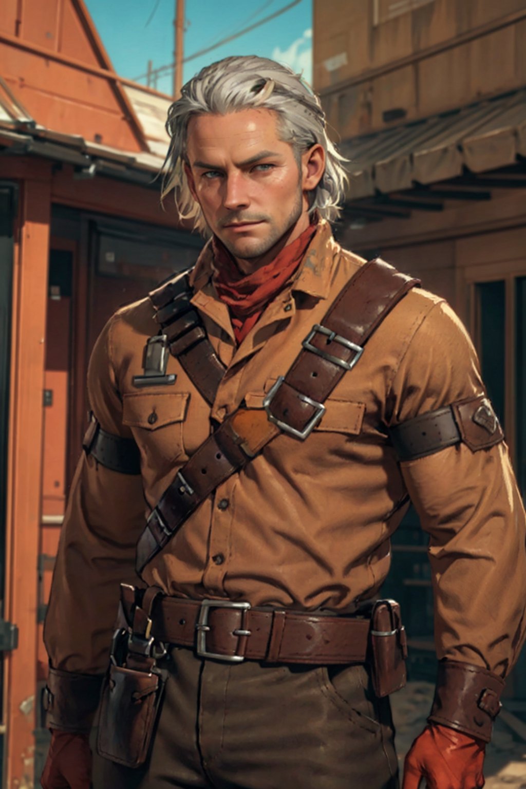 1boy, solo, Revolver Ocelot, 40 years old, grey eyes, white hair, stubble, topless, shirtless, dark brown canvas pants, knee-high cowboy boots with spurs, red gloves, brown leather bandolier, belt, holster, handsome, mature, masculine, virile, confidence, charming, alluring, upper body in frame, (Afghanistan desert:1.3), sky, perfect anatomy, perfect proportions, 8k, HQ, (best quality:1.5, hyperrealistic:1.5, photorealistic:1.4, madly detailed CG unity 8k wallpaper:1.5, masterpiece:1.3, madly detailed photo:1.2), (hyper-realistic lifelike texture:1.4, realistic eyes:1.2), high_resolution, picture-perfect face, perfect eye pupil, detailed eyes,  perfecteyes, perfecteyes, dutch angle, dynamic