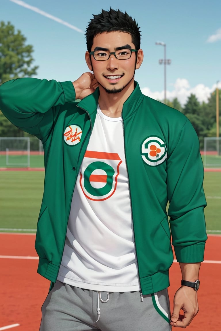 (1 image only), solo male, bara, Kyoichi Ootomo, Live A Hero, Asain, Japanese, athlete, PE teacher, short hair, black hair, green streaked hair, sideburns, black eyes, facial hair, goatee, (wore glasses), tan skin, white bandaid on nose, white t-shirt, ((pure green athletic jacket, open jacket)), grey shorts, sneakers, smile, blush, mature, handsome, charming, alluring, standing, upper body, perfect anatomy, perfect proportions, (best quality, masterpiece), (perfect eyes, perfect eye pupil), perfect hands, high_resolution, dutch angle, school sports ground,(1man),best quality