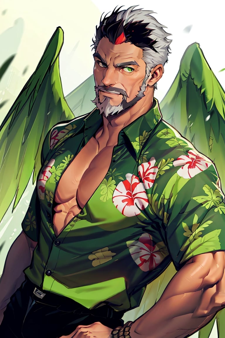 (1 image only), solo male, bara, Hogen, Tokyo Afterschool Summoners, Asain, Japanese, Tengu, old man, white hair, short hair, gold eyes, thick eyebrows, facial hair, beard, black Tokin headwear, tengu-geta, (((untucked green hawaiian shirt, partially unbuttoned shirt))), black pants, mature, handsome, charming, alluring, standing, upper body in frame, perfect anatomy, perfect proportions, 2D, anime, (best quality, masterpiece), (perfect eyes, perfect eye pupil), high_resolution, dutch angle, Tokyo city street, better_hands, green wings