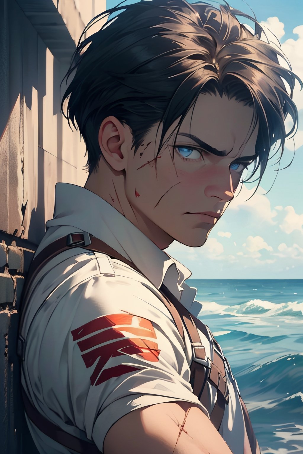 Levi Ackerman, black hair, dull blue eyes,  intense gaze, pure white collared shirt,(white eye bandage on righteye), (AttackonTitan, wearing Omni-directional mobility gear), fit body, 34 years old, charming, alluring, dejected, depressed, sad, calm eyes, (standing), (upper body in frame), simple background, endless ocean, pink cloudy sky, dawn, 1910s harbor, only1 image, perfect anatomy, perfect proportions, perfect perspective, 8k, HQ, (best quality:1.5, hyperrealistic:1.5, photorealistic:1.4, madly detailed CG unity 8k wallpaper:1.5, masterpiece:1.3, madly detailed photo:1.2), (hyper-realistic lifelike texture:1.4, realistic eyes:1.2), picture-perfect face, perfect eye pupil, detailed eyes, realistic, HD, UHD, (front view, symmetrical picture, vertical symmetry:1.2), look at viewer, scars on face, weathered, wounds, blood
