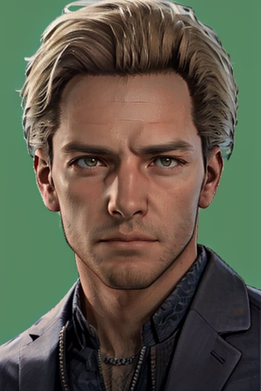 Felix Richter, blond hair, stubble,  (light brown eyes, normal size eyes), handsome, charming, alluring, debonair, (standing), (upper body in frame), simple background, perfect light, only1 image, perfect anatomy, perfect proportions, perfect perspective, 8k, HQ, (best quality:1.5, hyperrealistic:1.5, photorealistic:1.4, madly detailed CG unity 8k wallpaper:1.5, masterpiece:1.3, madly detailed photo:1.2), (hyper-realistic lifelike texture:1.4, realistic eyes:1.2), picture-perfect face, perfect eye pupil, detailed eyes, realistic, HD, UHD, (front view:1.2), portrait, face focus, looking outside frame, (MkmCut)