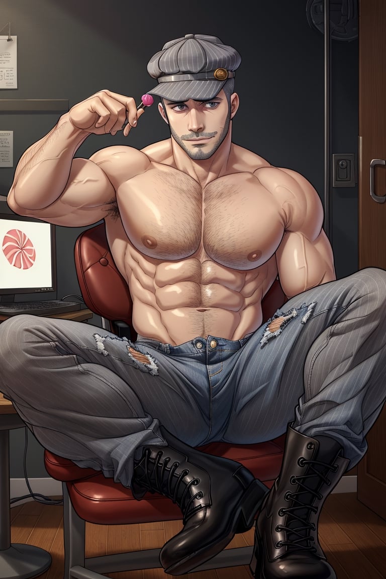 (1 image only), solo male, Munehisa Iwai,  Persona, Asian, Japanese, Weapons Dealer, grey hair, short hair, (grey pin-striped cap:1.2), stubble, grey eyes, sideburns, complete topless, bare neck, bare chest, bare belly, bare abdomen, bare shoulder, bare atms, simple blue jeans, black leather boots, mature, masculine, handsome, charming, alluring, lying on chair, (foot on desk), (holding lollipop), smirk, pov, perfect anatomy, perfect proportions, (best quality, masterpiece), (perfect eyes), high_resolution, dutch angle, [cowboy shot], weapon workshop, slight spread legs