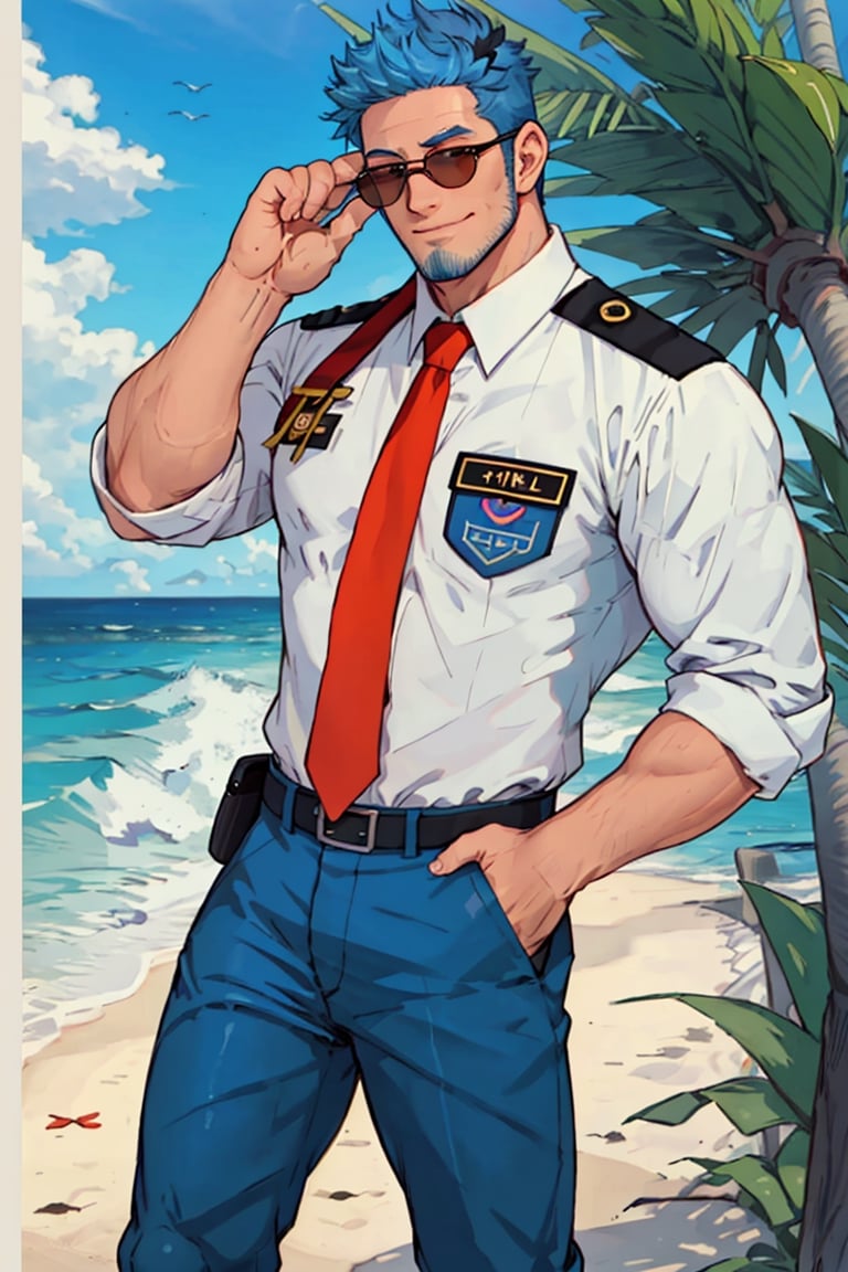 (1 image only), solo male, Wilbur, Animal Crossing, personification, pure blue hair, short hair, black eyes, blue facial hair, jawline stubble, aviation pilot uniform, white collor shirt, red necktie, epaulette, aviator sunglasses, blue pants, socks, black footwear, bandaid on nose, mature, dilf, bara, handsome, charming, alluring, grin, standing, upper body, hand in pocket, perfect anatomy, perfect proportions, (best quality, masterpiece), (perfect eyes, perfect eye pupil), perfect hands, high_resolution, dutch angle, cowboy shot, seaside, summer