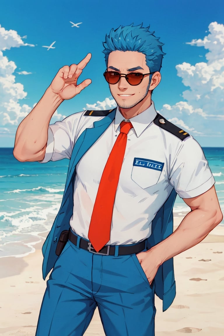 (1 image only), solo male, Wilbur, Animal Crossing, personification, pure blue hair, short hair, black eyes, blue facial hair, jawline stubble, aviation pilot uniform, white collor shirt, red necktie, epaulette, aviator sunglasses, blue pants, socks, black footwear, bandaid on nose, mature, dilf, bara, handsome, charming, alluring, grin, standing, upper body, hand in pocket, (two-finger salute:1.2), perfect anatomy, perfect proportions, (best quality, masterpiece), (perfect eyes, perfect eye pupil), perfect hands, high_resolution, dutch angle, cowboy shot, seaside, summer