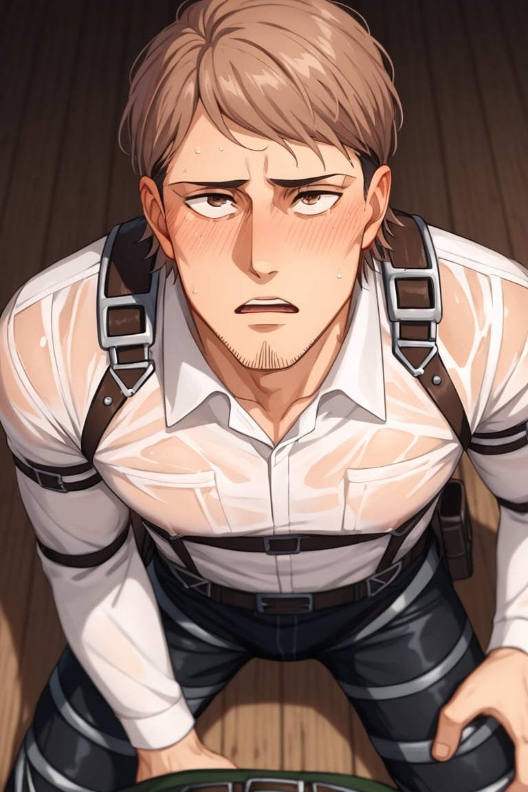 Gay man,  score_9,score_8_up,score_7_up, male receiver Jean Kirstein, brown hair, light-brown eyes, thin eyebrows, facial hair, stubble, wet shirt, white collared shirt, long sleeves, dark pants, three-dimensional maneuver gear, straps, , perfect anatomy, kneeling, blush, awkward, innocent face, look up, BREAK (pov, view from above), (surrounded by many men, surrounded by multiple male lower body in pants:1.5), (covered crotch),JeanKirstein