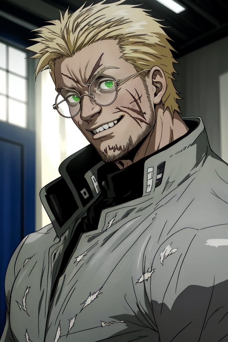 solo male, Alexander Anderson, Hellsing, Catholic priest, short silver-blond hair, green eyes, tanned skin, defined squared jaw, light facial hair, wedge-shaped scar on left cheek, round glasses, opaque glasses, glowing glasses, topless. bare chest, bare neck, (grey coat, open coat:1.2), mature, middle-aged, imposing, tall, handsome, charming, alluring, slight smile, calm, kindly, affableㄝ(portrait, close-up, face focus), face only, perfect anatomy, perfect proportions, best quality, masterpiece, high_resolution, dutch angle, photo background, Vatican City, indoor