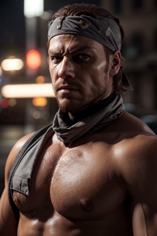 (1 image only), solo male, 1boy, Big Boss, Metal Gear Solid, bslue eyes, brown hair, facial hair, (single eyepatch), (grey head bandana:1.3), clothing, handsome, mature, charming, alluring, upper body in frame, perfect anatomy, perfect proportions, 8k, HQ, (best quality:1.2, hyperrealistic:1.2, photorealistic:1.2, masterpiece:1.3, madly detailed photo:1.2), (hyper-realistic lifelike texture:1.2, realistic eyes:1.2), high_resolution, perfect eye pupil, dutch angle, dynamic, action, raining, night