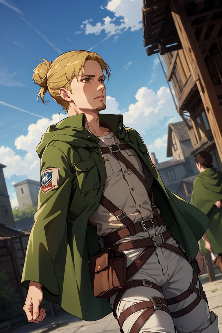 solo male, Eld Gin, Attack on Titan, blond hair, middle parting hair, single hair bun, brown eyes, sideburns, thin goatee, Scout Regiment uniform, white shirt underneath, brown jacket, green cloak, white pants, knee boots, three-dimensional maneuver gear, mature, handsome, charming, alluring, standing, upper body, perfect anatomy, perfect proportions, best quality, masterpiece, high_resolution, dutch angle, cowboy shot, photo background