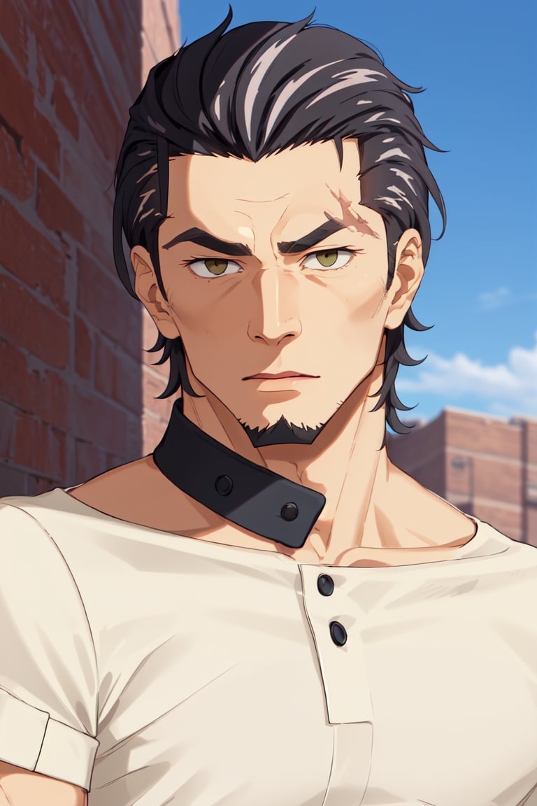 (1 image only), solo male, Kaburagi, Deca Dence, greying black hair, slicked back hair, thick eyebrows, sideburns, goatee, green eyes, scar, tucked-in wide necked short-sleeved white shirt, sleeves tucked up and buttoned, short sleeves, olive wide worker pants, black belt tied, brown boots. simplpe leather bracelet, toned male, mature, handsome, charming, alluring, (portrait, close-up), perfect anatomy, perfect proportions, best quality, masterpiece, high_resolution, dutch angle, outdoors, day, blue sky, science fiction, citadel on sky, photo background