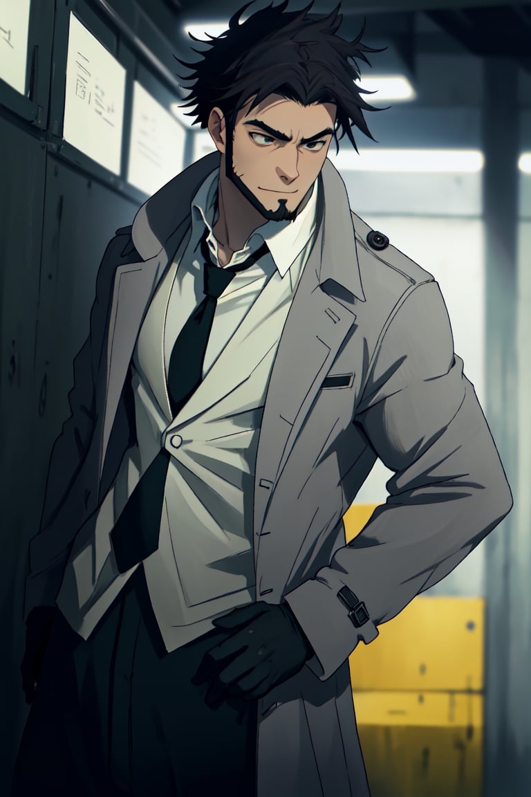 solo male, Genma Shizume, Asian, Japanese, black hair, chinstrap beard, sideburns, black eyes, calm eyes, slitty eyes, (white collared shirt, black necktie, black jacket:1.3), (brown overcoat, open overcoat:1.3), black pants, black gloves, mature, masculine, handsome, charming, allurin, smile, standing, upper body, hand on waist, perfect anatomy, perfect proportions, (best quality, masterpiece, high_resolution:1.3), perfect eyes, dutch angle, cowboy shot