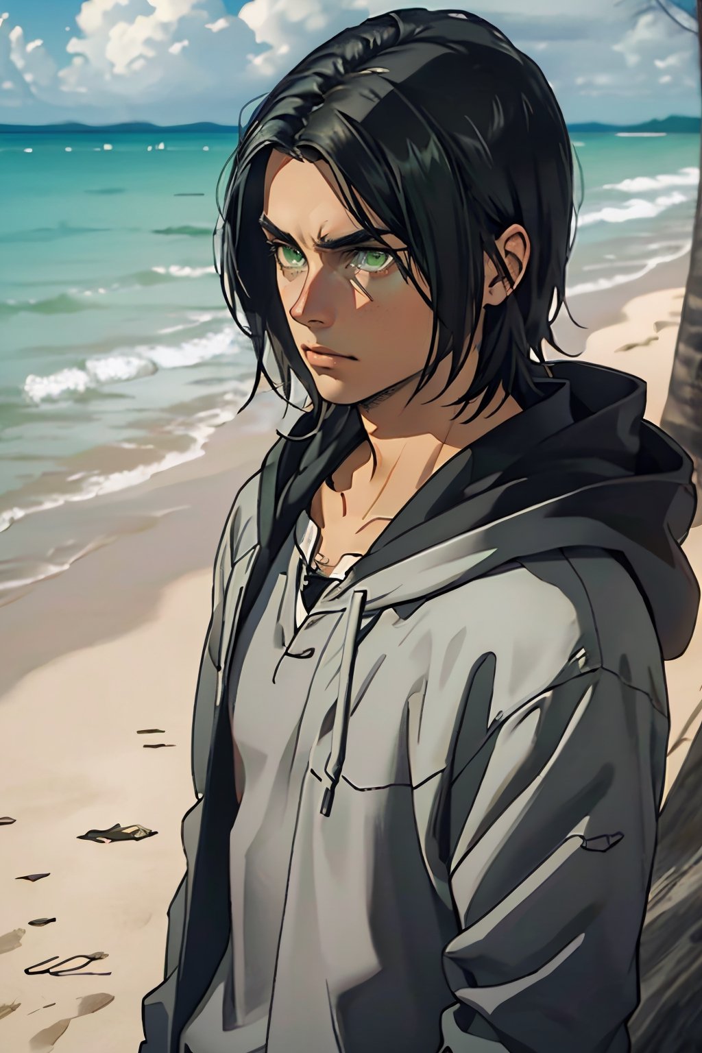 erenad(black hair, medium hair, straight hair,:1.2), (grey-green eyes:1.4), fit body, white shirt, (black jacket, long sleeves, open clothes, hood, hood down), collarbone, charming, alluring, dejected, depressed, sad, (standing), (upper body in frame), simple background(beach, sunny day, endless ocean, mid day), backlight, cloudy blue sky, perfect light, only 1 image, perfect anatomy, perfect proportions, perfect perspective, 8k, HQ, (best quality:1.5, hyperrealistic:1.5, photorealistic:1.4, madly detailed CG unity 8k wallpaper:1.5, masterpiece:1.3, madly detailed photo:1.2), (hyper-realistic lifelike texture:1.4, realistic eyes:1.2), picture-perfect face, detailed eyes, realistic, HD, UHD, front view, tear in eyes,