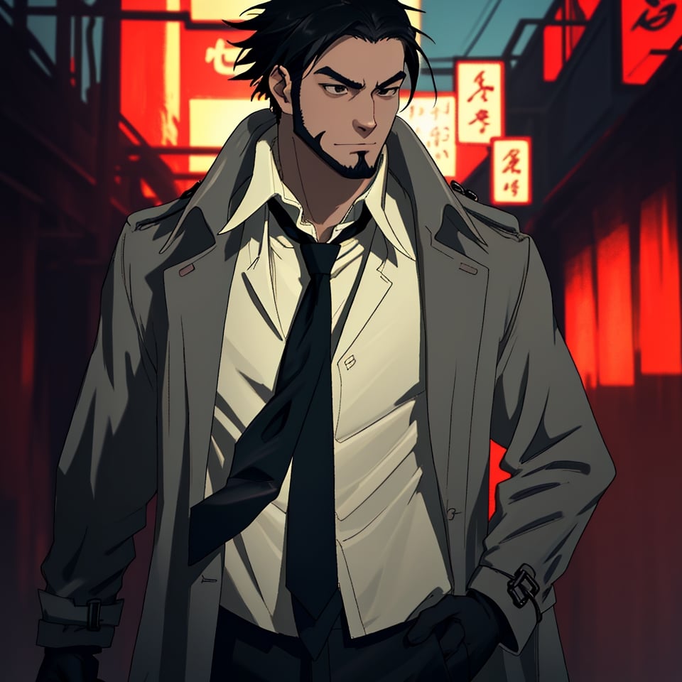 solo male, Genma Shizume, Asian, Japanese, black hair, chinstrap beard, sideburns, black eyes, calm eyes, slitty eyes, (white collared shirt, black necktie, black jacket:1.3), (brown trench coat, open trench coat:1.3), black pants, black gloves, mature, masculine, handsome, charming, allurin, smile, standing, upper body, hand on waist, perfect anatomy, perfect proportions, (best quality, masterpiece, high_resolution:1.3), perfect eyes, dutch angle, cowboy shot