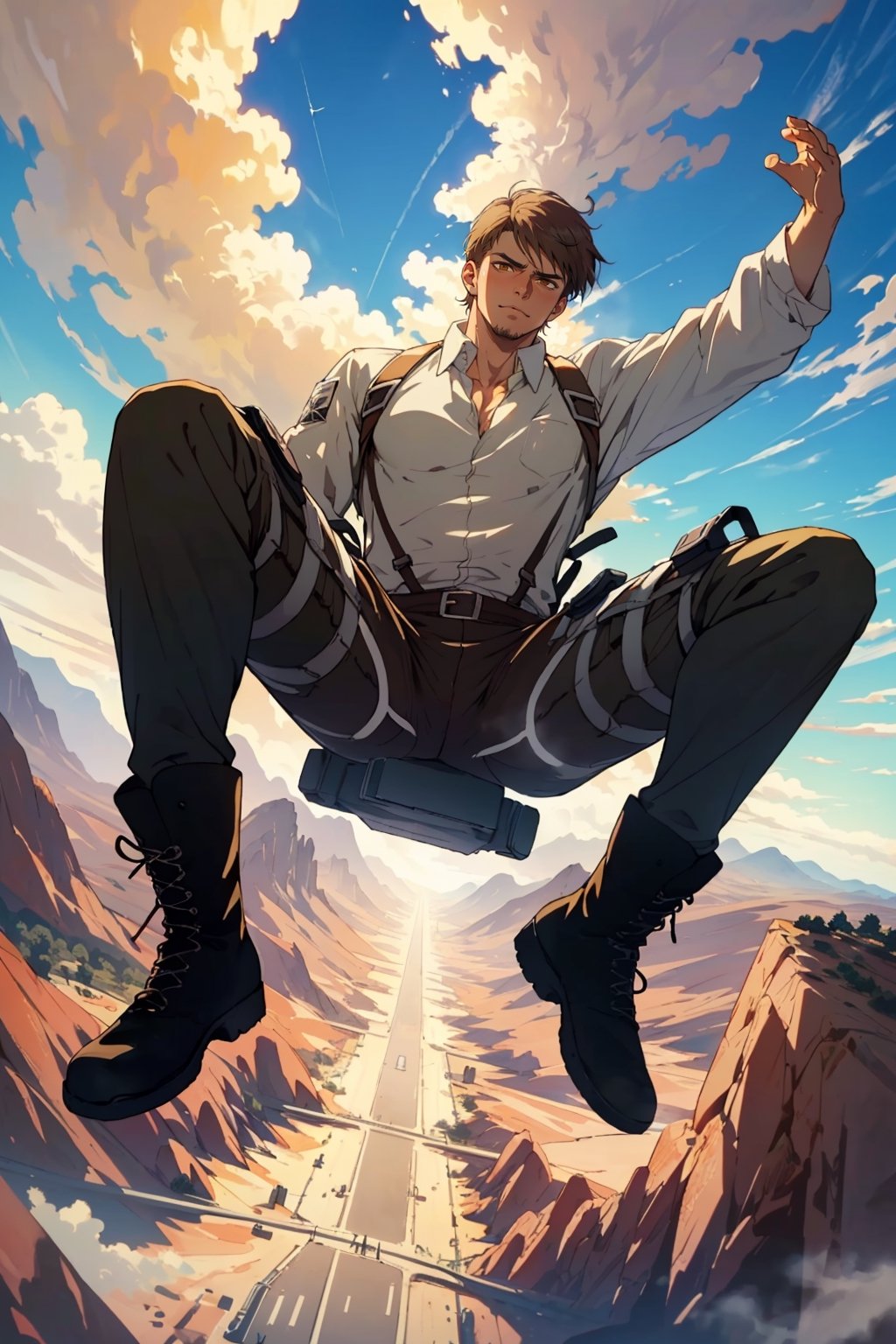 jean_kirstein(brown hair, stubble, light brown eyes), ((pure white collared shirt, fit shirt, black pants, black combat boots)), mature, manly, hunk, charming, alluring, seductive, highly detailed face, detailed eyes, perfect light, ((only 2 legs, perfect legs, perfect fingers)), (floating in the air, flying in very high sky, feet off the ground:1.4), (look behind, recoil, sprint,:1.4), simple background, empty sky with cloud, (best quality), (8k), (masterpiece), best quality, 1 image, perfect anatomy, perfect proportions, perfect perspective, (AttackonTitan, wearing Omni-directional mobility gear:1.2), ((full body in frame)), dutch angle, dynamic, (Hands:1.2), better_hands, (red rock desert in background distant, vast steamy smoke on the ground in far horizon)