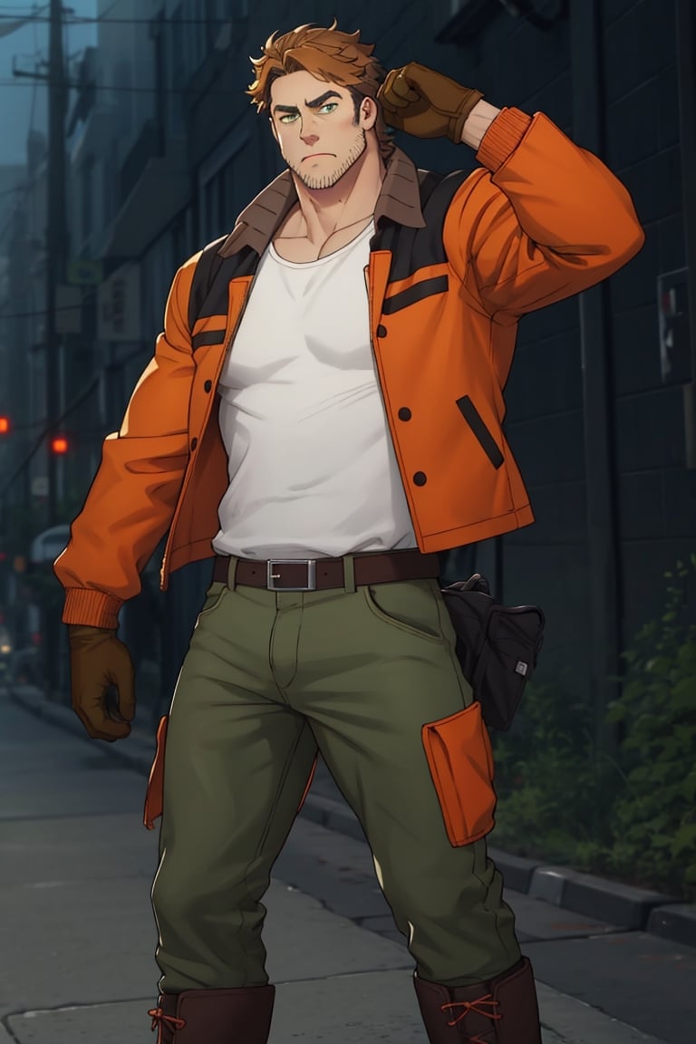 (1 image only), solo male, Gagumber, Sakugan, physical laborer worker, brown hair, two-tone hair, stubble, sideburns, green eyes, thick eyebrows, white tank top, (orange High-visibility jacket), open jacket, green work pants, black boots, black gloves, mase-up), perfect anatomy, perfect proportions, best quality, masterpiece high_resolution, dutch angle, detailed background