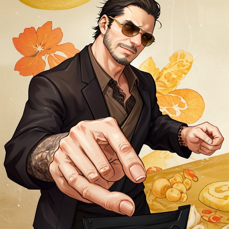 solo male, Tatsu, Japanese, househusband, yakuza, tattoos on body, black hair, slicked back hair, stubble, dark brown eyes, scar on face, casual-formal wear, dark collared shirt, black jacket, long sleeves, black pants, cream-colored apron, (aviator sunglasses), black shoes, toned male, mature, handsome, charming, alluring, smirk, upper body, perfect anatomy, perfect proportions, best quality, masterpiece, high_resolution, dutch angle, photo background, grocery store, , vegetable, fruit, bright background, (perfect hands, perfect fingers:1.1), (Hands:1.1), better_hands