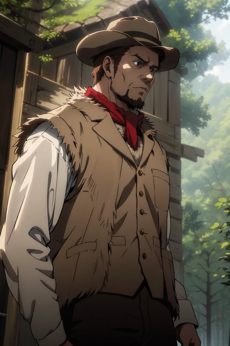 solo male, Artur Braus, Attack on Titan Anime style, hunter, shaggy brown hair, brown eyes, sideburns, beard, thin goatee, white shirt, (single vest), (brown fur trim vest, close vest:1.7), long sleeves, (loose red cravat:1.7), black pants, brown hat, middle-age, mature, handsome, charming, alluring, standing, upper body, perfect anatomy, perfect proportions, best quality, masterpiece, high_resolution, dutch angle, cowboy shot, photo background, forest
