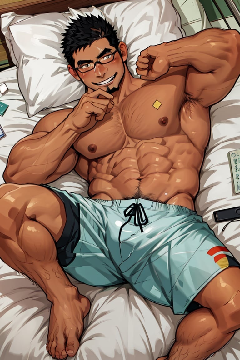 (1 image only), solo male, bara, Kyoichi Ootomo, Live A Hero, Asian, Japanese, hero, short hair, black hair, green streaked hair, sideburns, black eyes, facial hair, goatee, (wore glasses), tan skin, white bandaid on nose, glasses, complete topless, shirtless, grey athletic shorts, shy, blush, smile, mature, handsome, charming, alluring, laying on bed, on back, perfect anatomy, perfect proportions, (best quality, masterpiece), (perfect eyes, perfect eye pupil), perfect hands, high_resolution, dutch angle