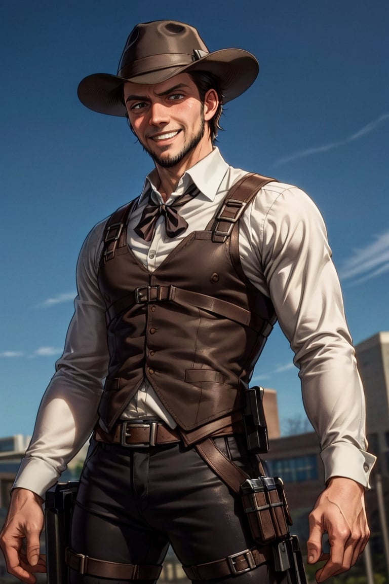 solo male, Kenny Ackerman, Attack on Titan Anime style, brown hair, hair slicked back, grey eyes, sideburns, thin beard along jawline, white collared shirt, long sleeves, (simple black vest, long vest), black pants, (dark fedora hat), (vertical maneuvering equipment, metal armor, holster), athletic build, middle-age, mature, handsome, charming, alluring, smile, standing, upper body, perfect anatomy, perfect proportions, best quality, masterpiece, high_resolution, dutch angle, cowboy shot, photo background