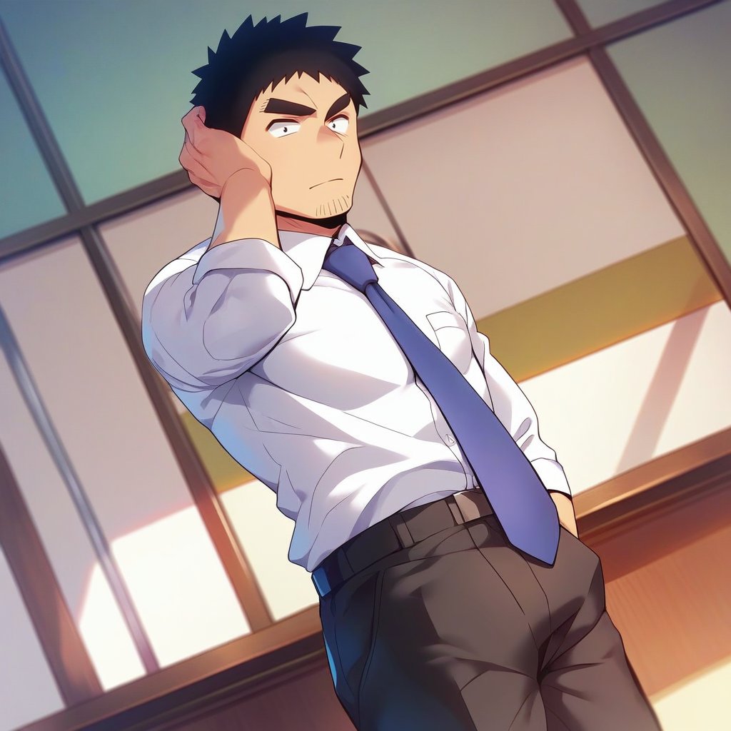 score_9, score_8_up, score_7_up, score_6_up, perfect anatomy, perfect proportions, best quality, masterpiece, high_resolution, high quality, solo male, Harumi Takeda , takeda harumi \(shiromanta\), black hair, short hair, facial hair, stubble, black eyes, thick eyebrows, sanpaku, constricted pupils, (white collared shirt), blue necktie, black pants, adult, mature, masculine, manly, tone, muscular, handsome, charming, alluring, standing, calm, friendly, smile, upper body, dutch angle, cowboy shot, simple background, office
