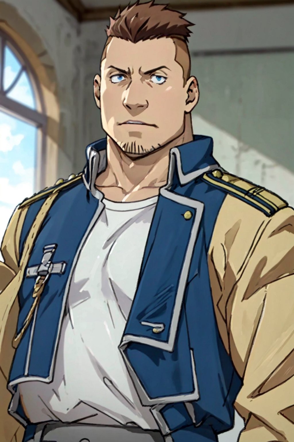 (1 image only), solo male, 1boy, Heymans Breda, Fullmetal Alchemist, anime, 2D, blue eyes, brown hair, short hair, high fade, stubble, handsome, chubby, open blue military uniform, masculine, confidence, charming, alluring, upper body in frame, perfect anatomy, perfect proportions, 8k, HQ, (best quality:1.2, hyperrealistic:1.2, photorealistic:1.2, masterpiece:1.3, madly detailed photo:1.2), (hyper-realistic lifelike texture:1.2, realistic eyes:1.2), high_resolution, perfect eye pupil, dutch angle